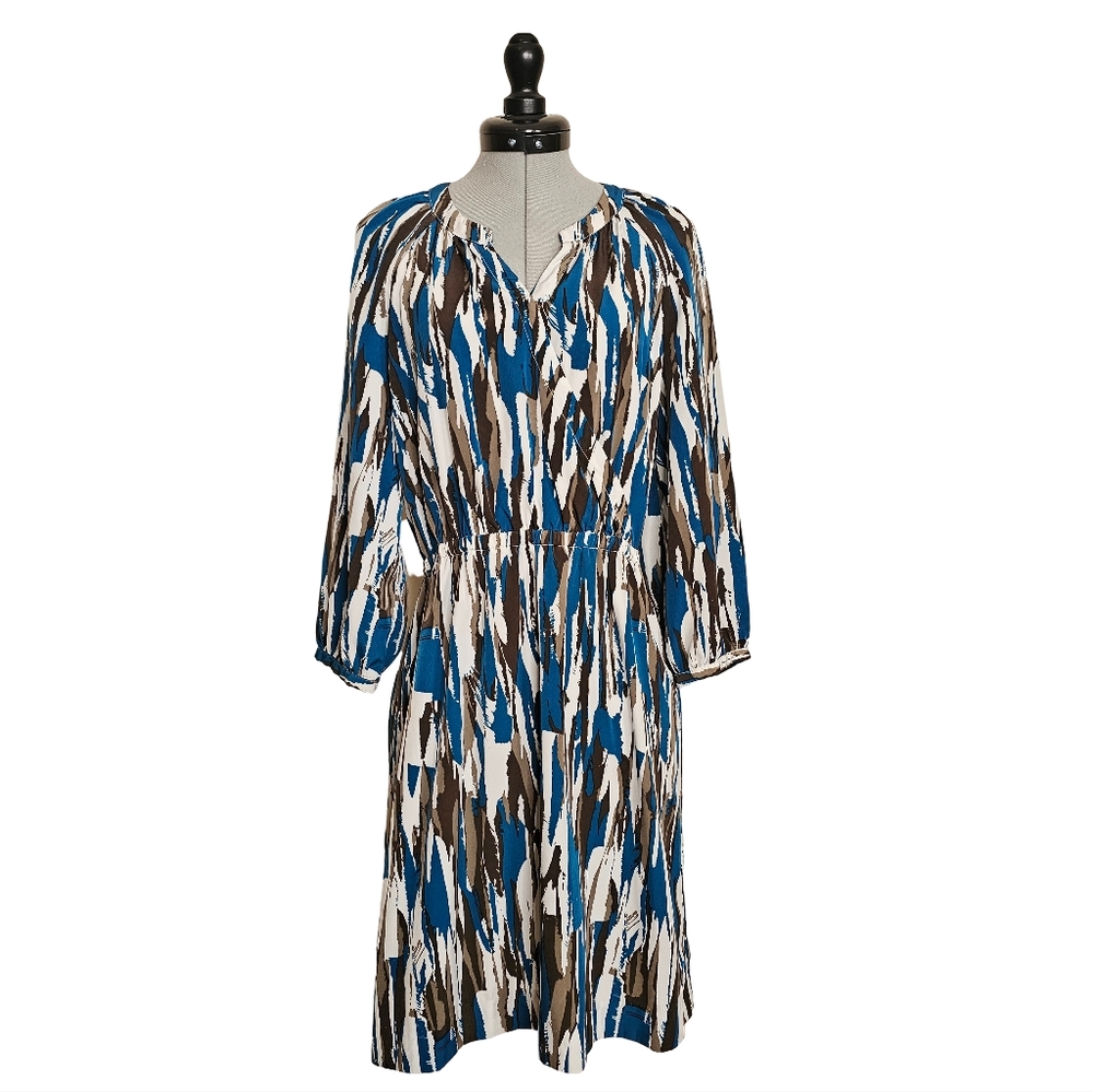 Banana Republic Dress 3/4 Sleeve Blue Brown Abstract Watercolor